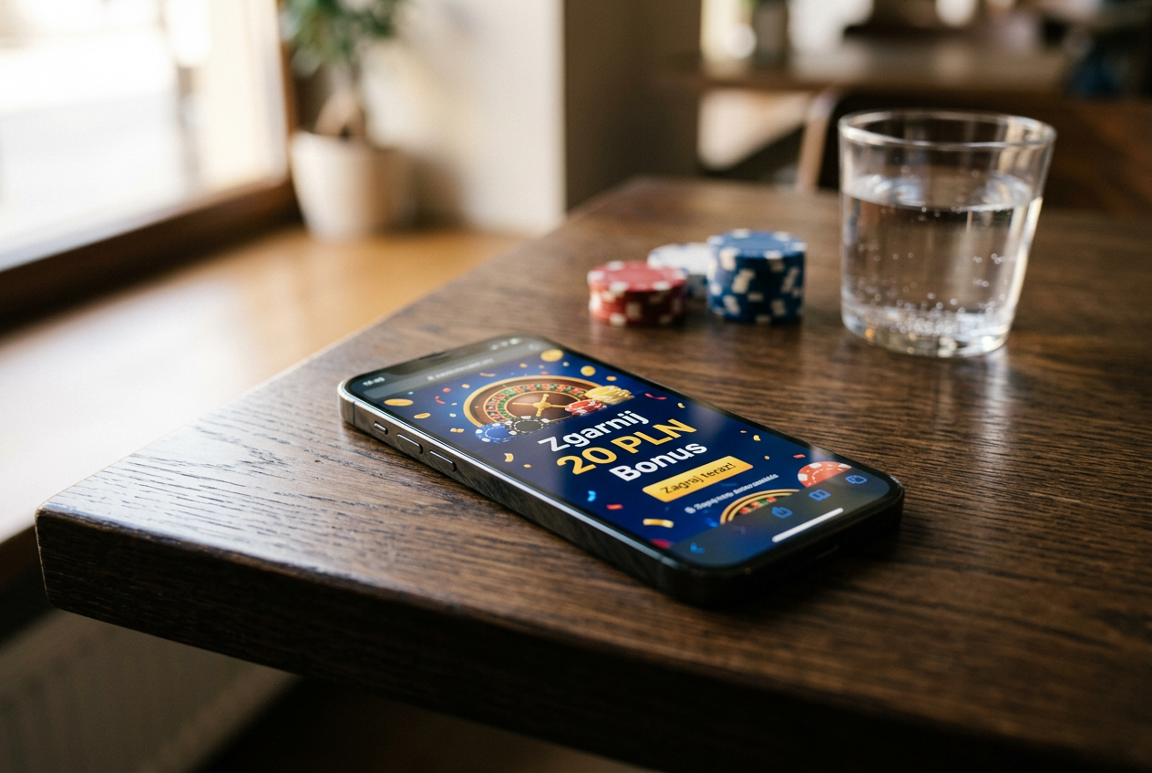 Smartphone displaying a 20 PLN bonus offer next to casino chips