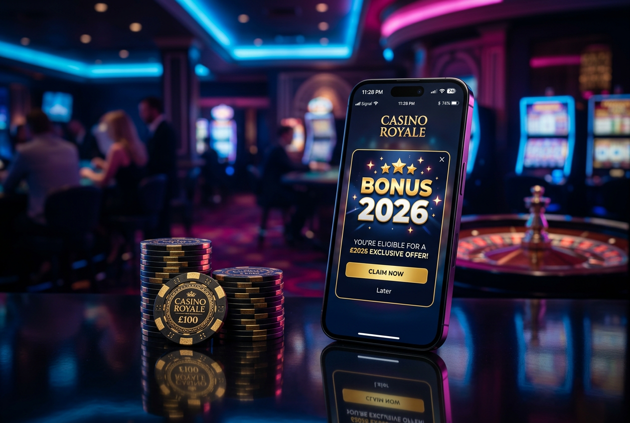 Luxury casino chips and a smartphone showing a bonus offer